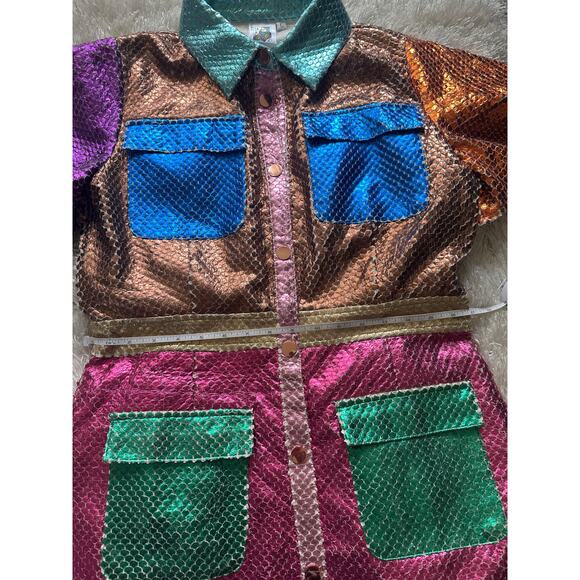 Queen of Sparkles Metallic Colorblock Dress Button Front short sleeve Large - Picture 9 of 12